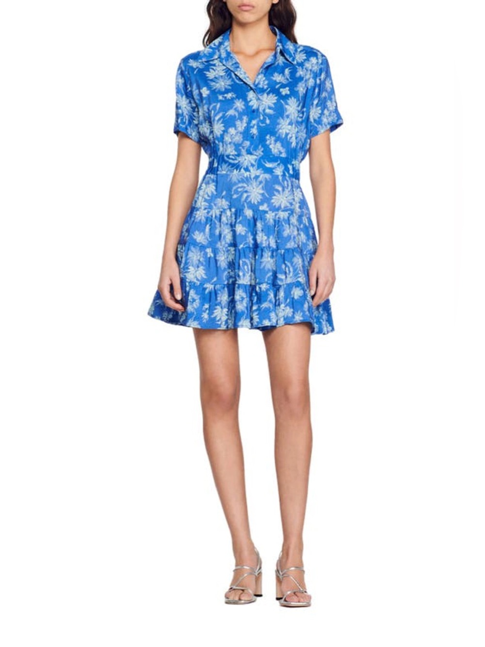 Sandro Pernille short-sleeved shirtdress Palm Print Dress in Blue size 36